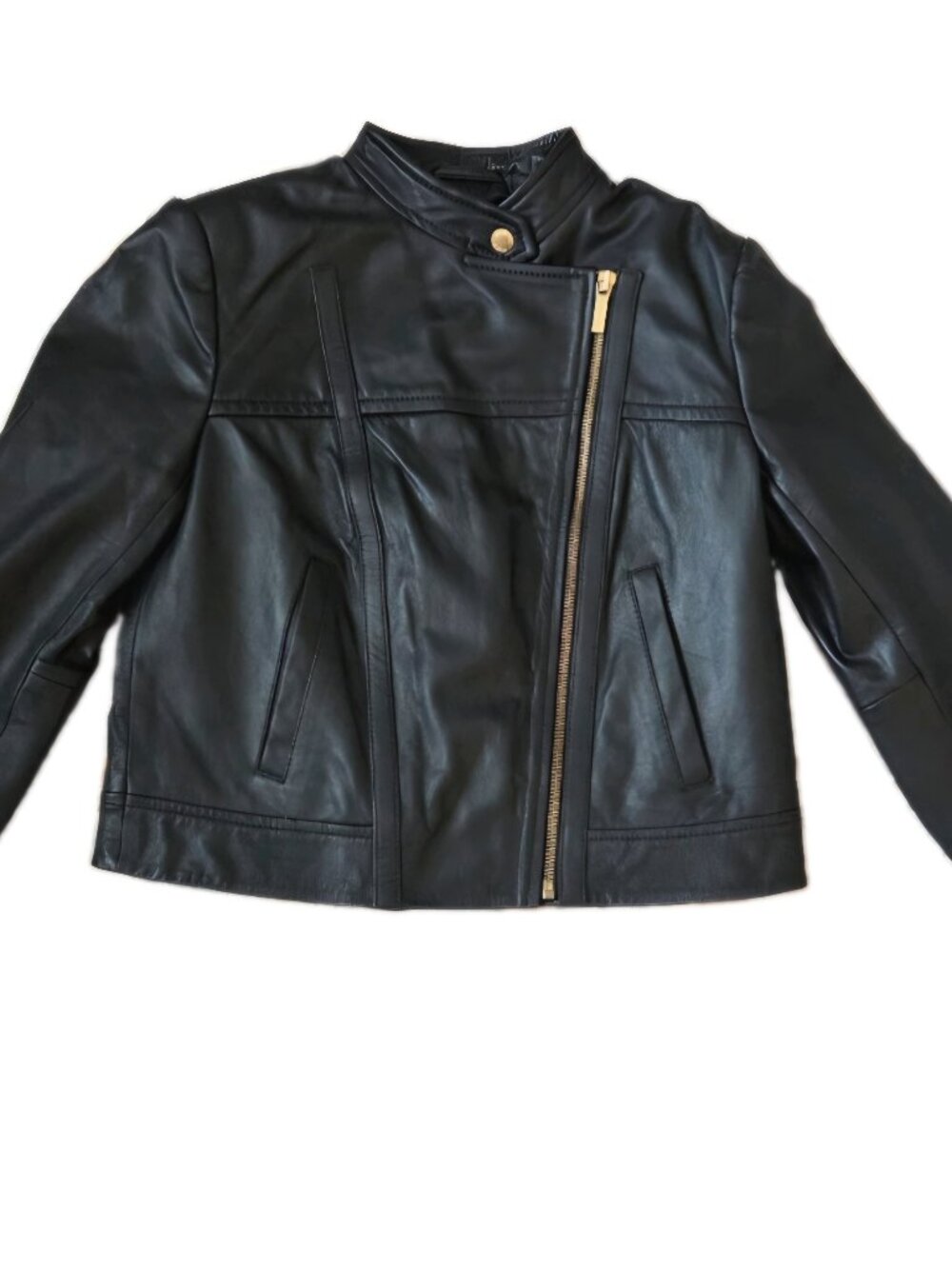 Michael Kors Black Leather Asymmetrical Zip Jacket with Gold Hardware